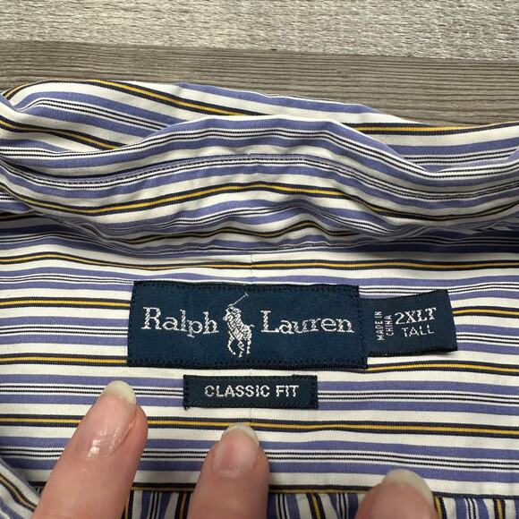 Vintage Y2K Ralph Lauren Blue Striped Mens 2XLT Classic Fit Button Down Shirt - Picture 4 of 9